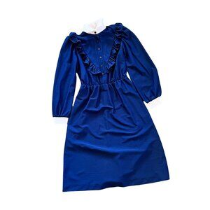 Vintage JC Penney Navy Ruffled Midi Dress S